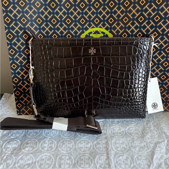 Tory Burch Blake Embossed Swingpack Crossbody Bag Dark Mahogany Gold Brown